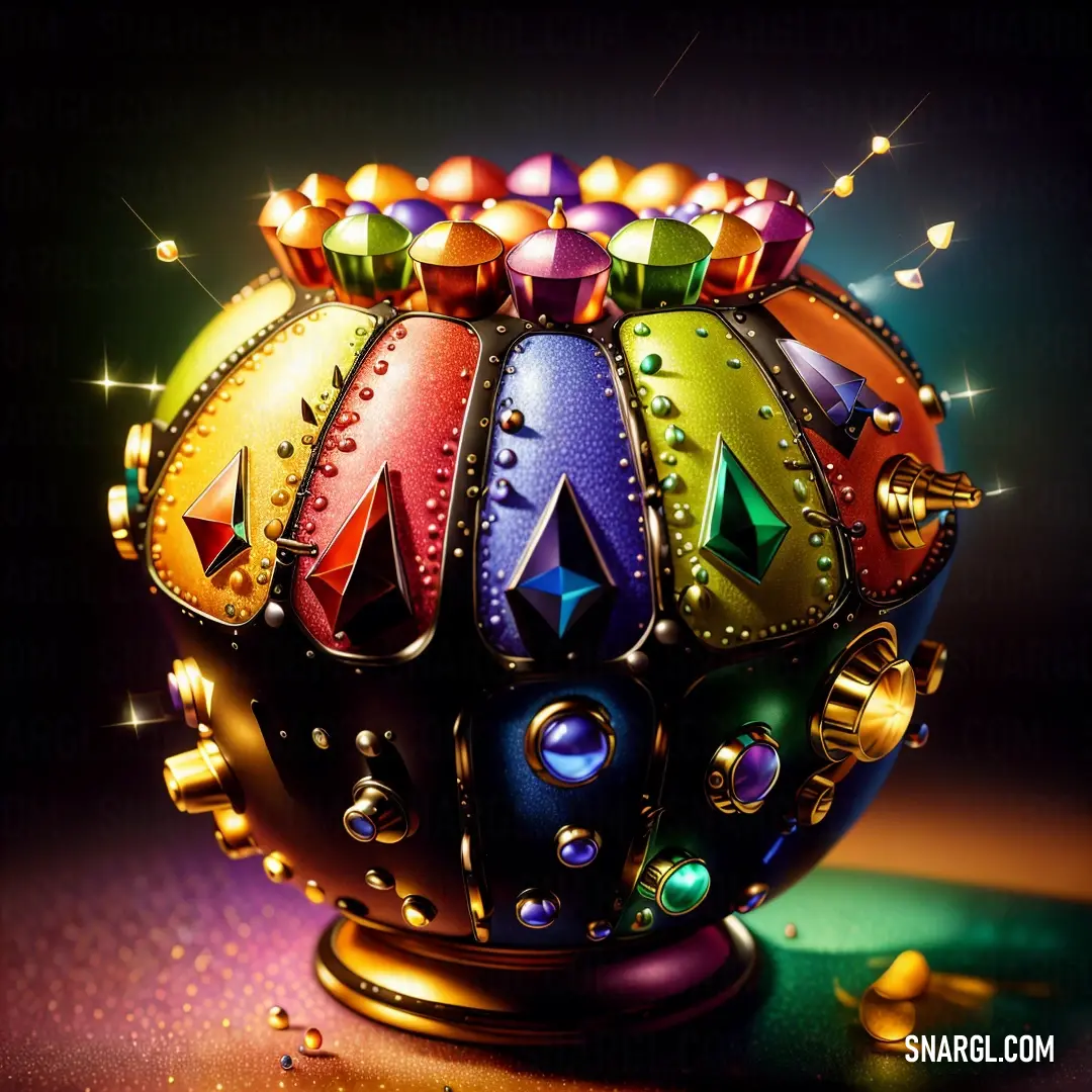 PANTONE 398 color. Colorful ball with many different colored jewels on it's sides and a black background with gold dots