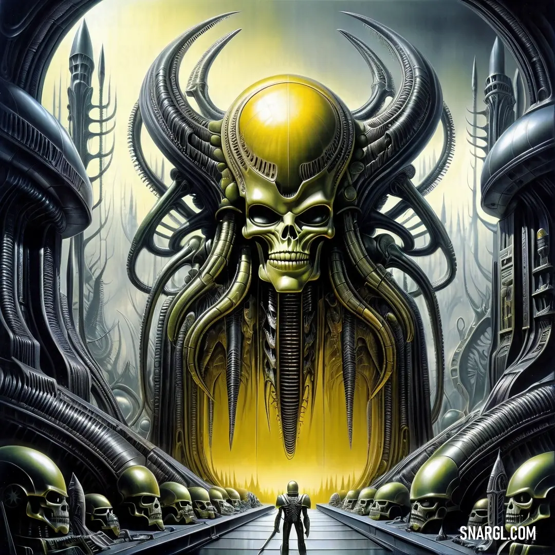 Man standing in front of a giant alien head in a tunnel of skulls and skulls