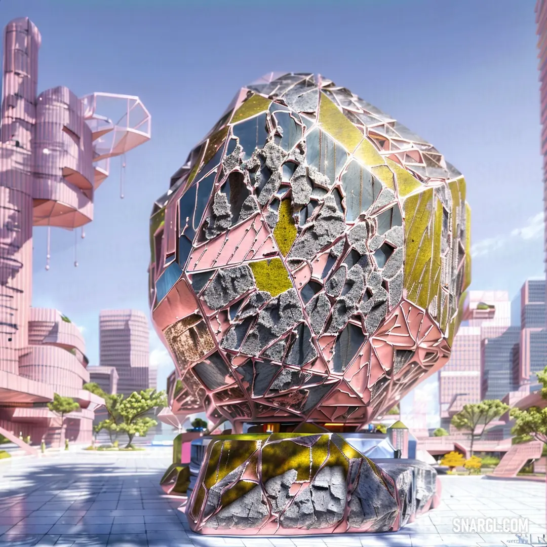 Large object with a lot of holes in it's center surrounded by buildings and a city street. Color RGB 160,148,7.