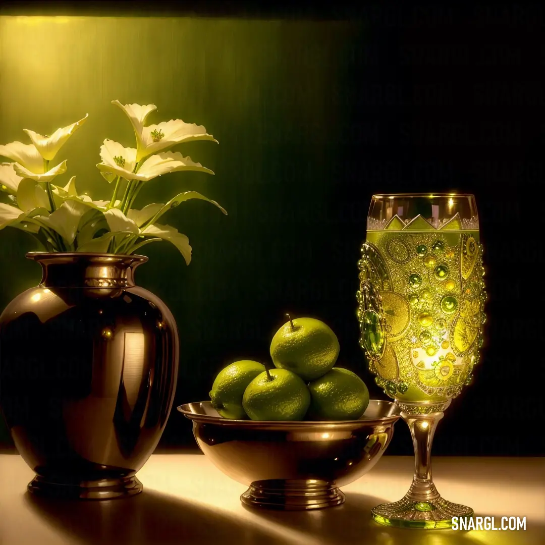 Painting of a vase and a bowl of fruit and a glass of wine on a table with a green background. Color PANTONE 399.