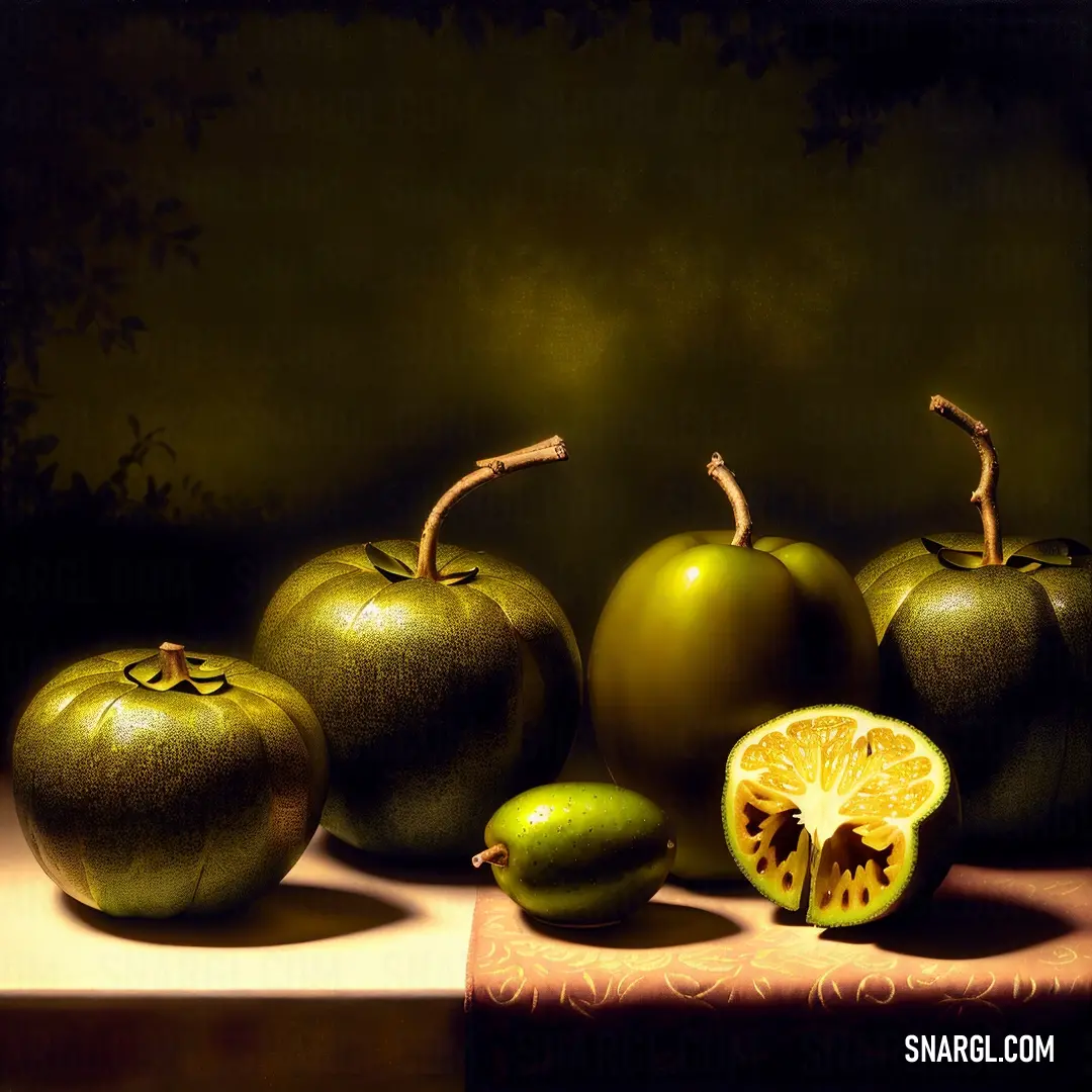 Painting of green apples and a half of a lemon on a table with a green background and a green apple. Color PANTONE 399.