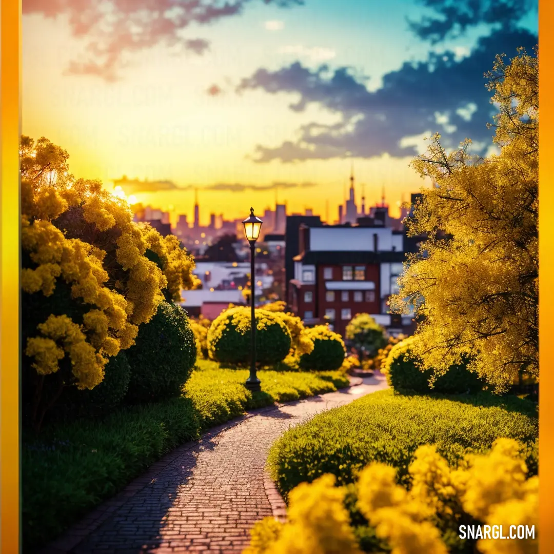 #A09407 color. Pathway with yellow flowers and trees on either side of it and a city in the background