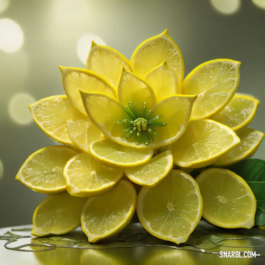 Yellow flower made of lemon slices on a reflective surface with a green leaf on top of it and a green stem. Color CMYK 16,9,100,36.