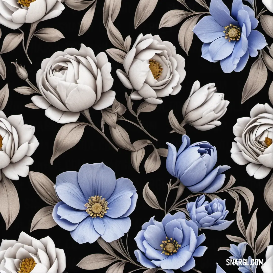 Black background with white and blue flowers and leaves on it