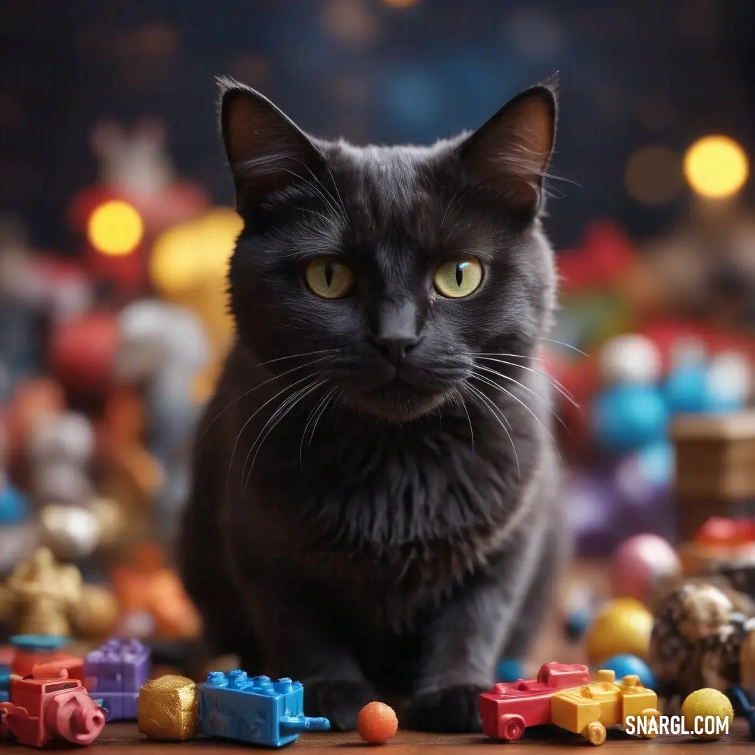 A sleek black cat perched on a table, playfully surrounded by an assortment of whimsical toys, with warm lights in the background creating a cozy and inviting atmosphere perfect for feline mischief.