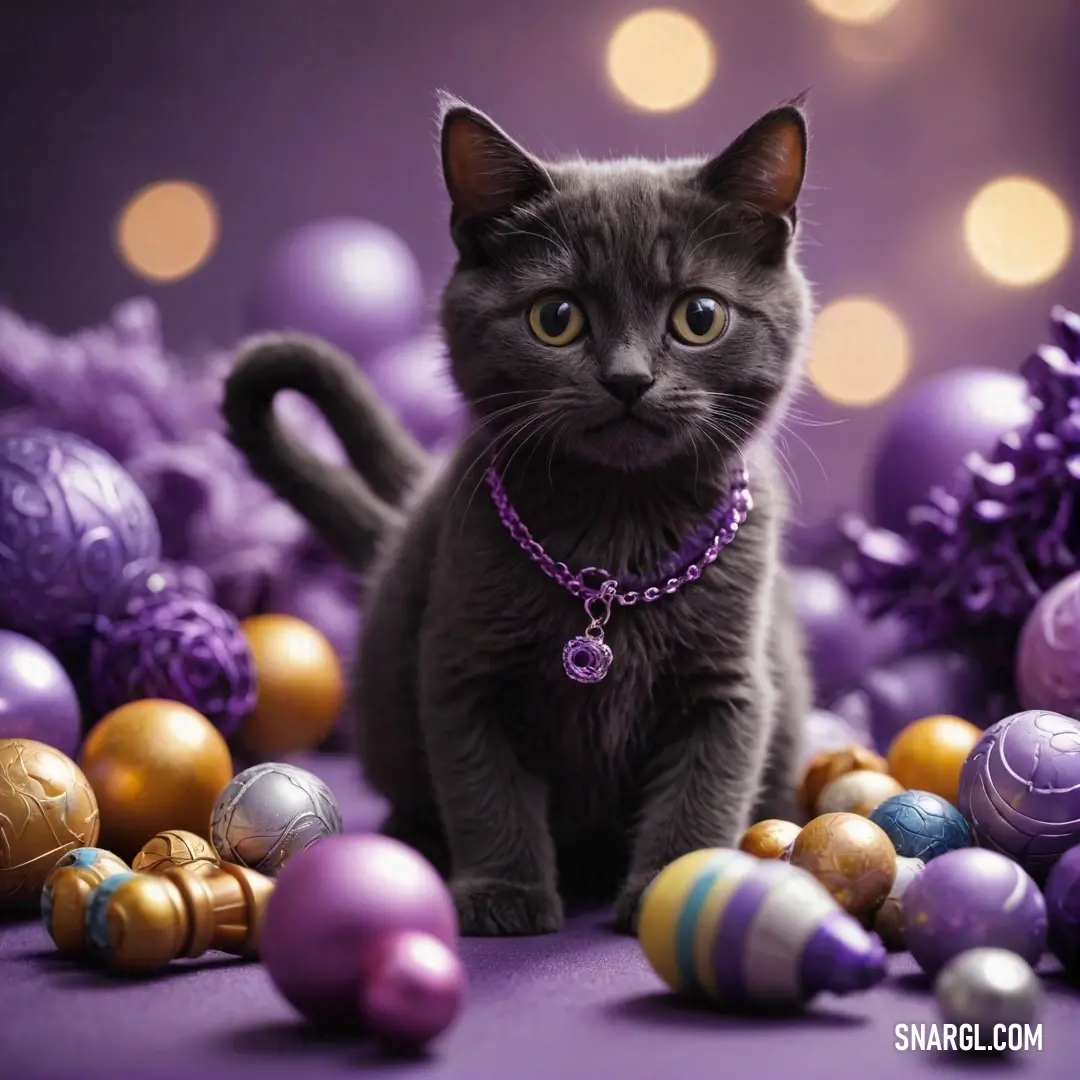 A playful cat elegantly nestles among a pile of shimmering purple and gold ornaments, adorned with a distinctive purple necklace, creating a scene that perfectly melds charm, elegance, and a touch of whimsy.