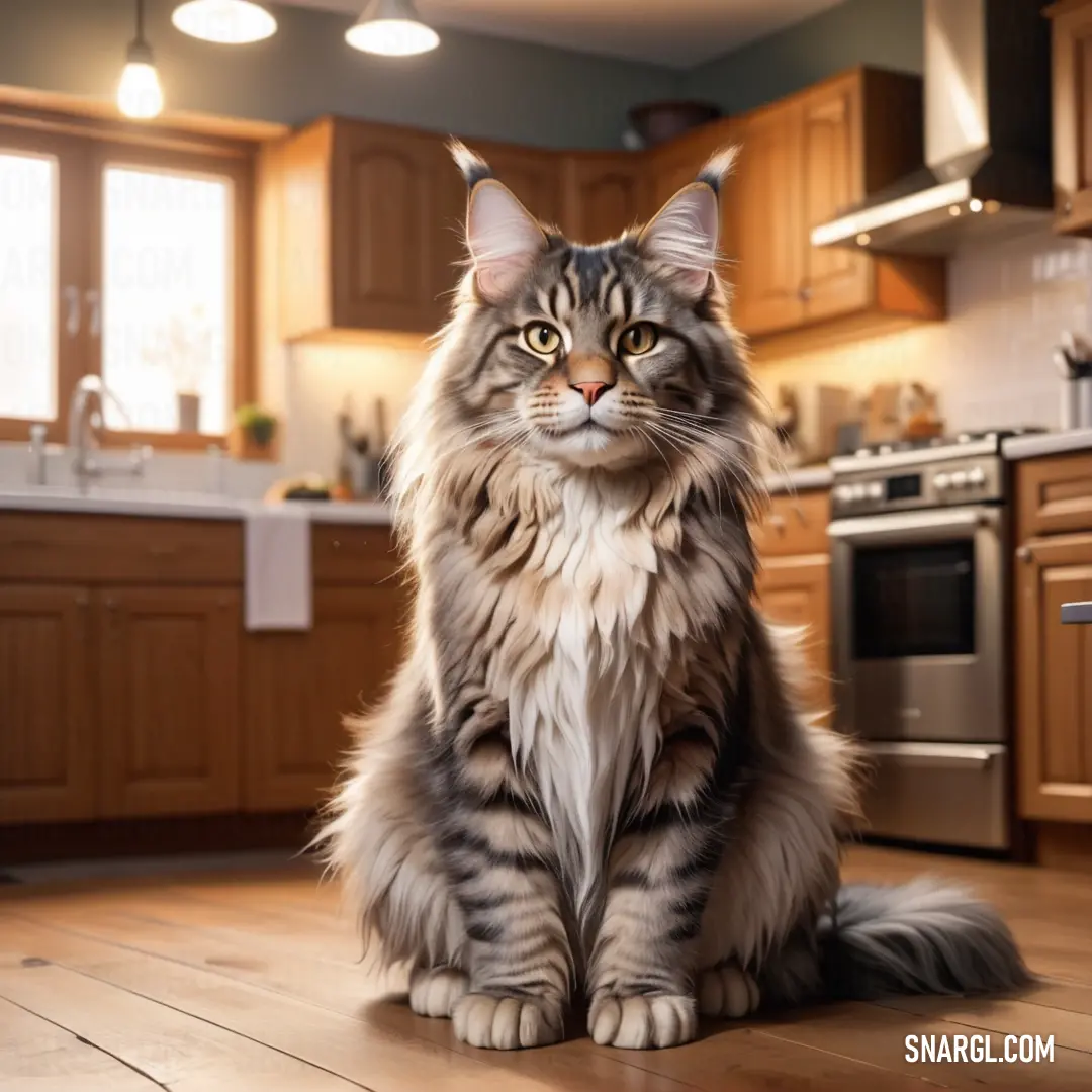 Cat on a wooden floor in a kitchen next to a stove top oven and a dishwasher