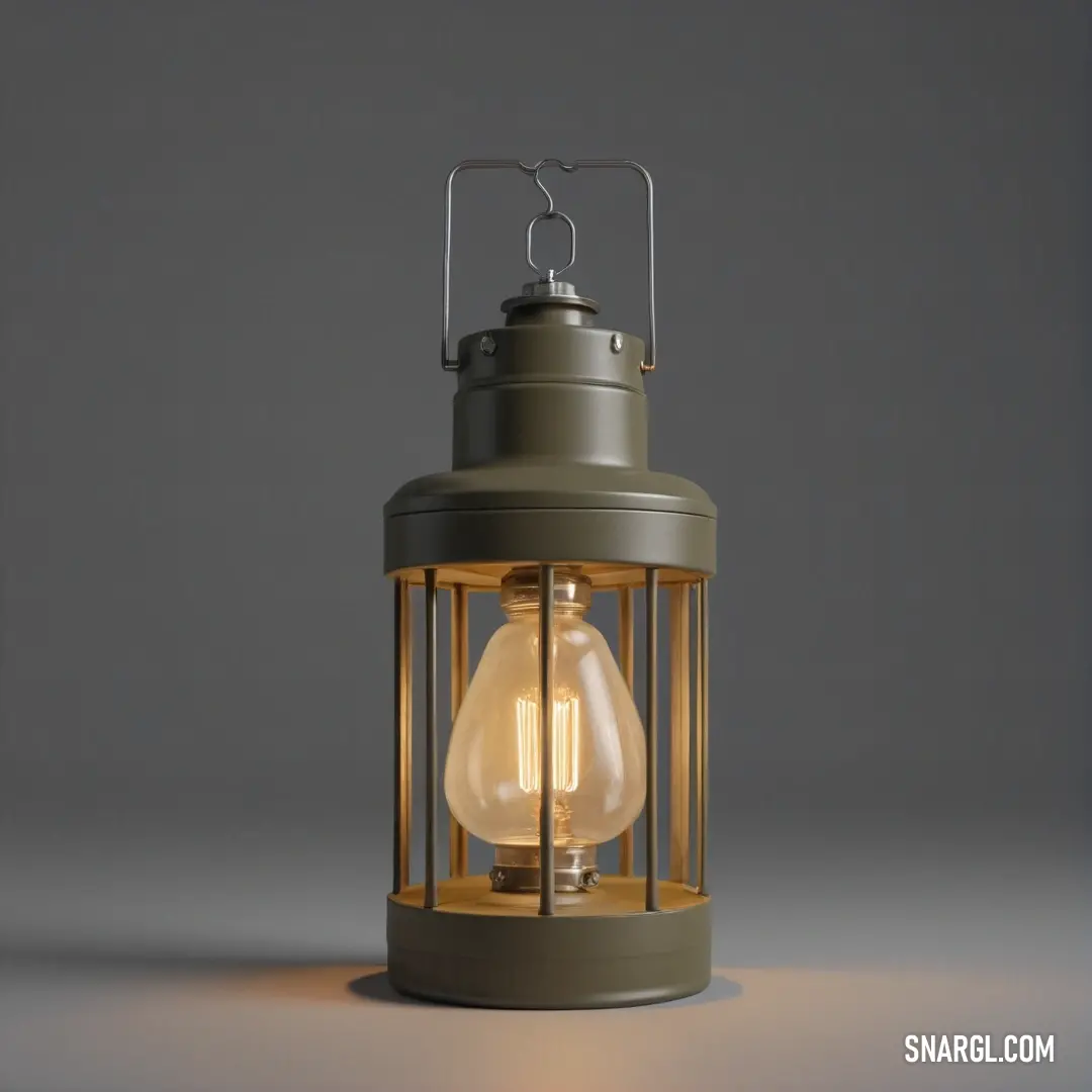 A vintage green lantern with a bulb glowing softly from its side, set against a dark background. The lantern has a weathered, antique appearance, with a rusted metal frame that adds to its charm. The warm light contrasts beautifully with the darkness arou