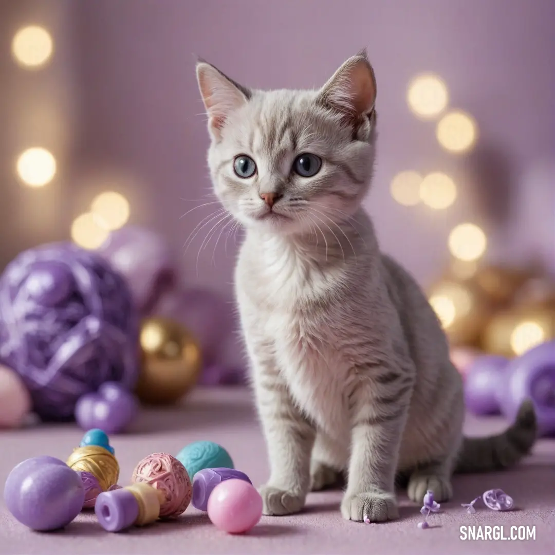 A lively kitten explores a table brimming with toys and festive decorations against a soothing purple background, embodying the playful spirit of the season with a touch of whimsy and charm.