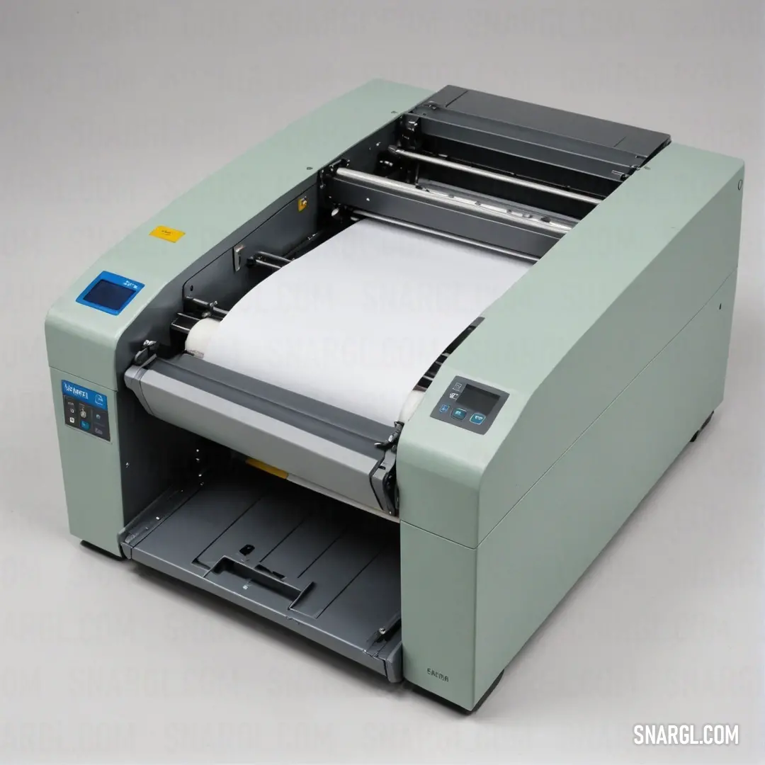 A large industrial machine sits in the center of the frame, with a sheet of paper placed carefully in the middle. Nearby, a printer waits to perform its task, set against a neutral, calming PANTONE 400 color background that evokes a professional atmospher