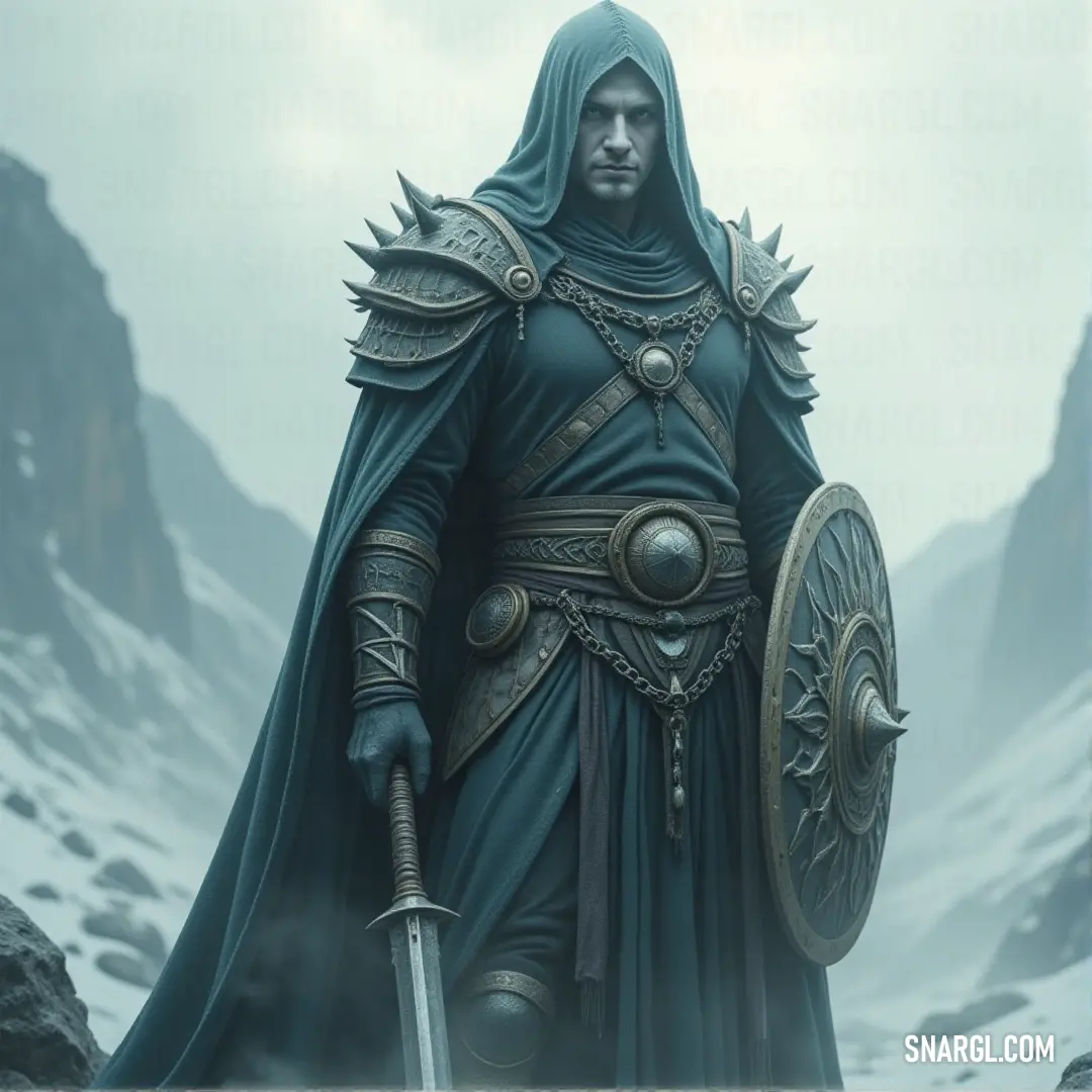 In a breathtaking snowy landscape, a man in a hooded ensemble stands resolutely with a sword and shield, ready to face whatever challenges await, framed by majestic mountains that enhance the scene's grandeur.