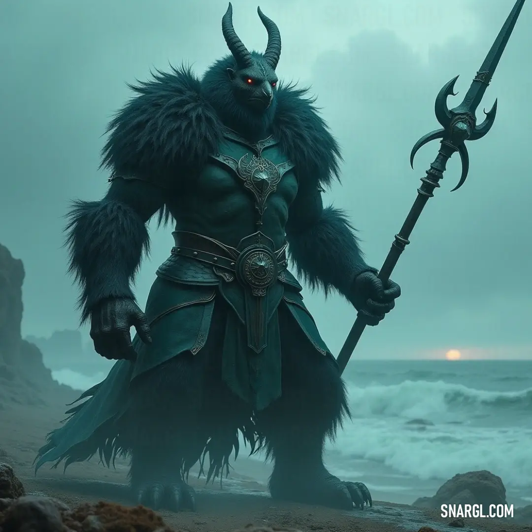 An intriguing depiction of a man adorned in a horned costume, holding a spear, standing confidently on a beach where waves crash dramatically in the background, combining elements of strength and mystery in a vivid setting.