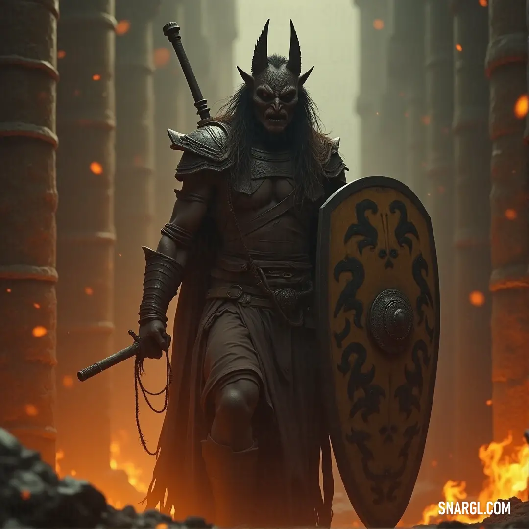 An enigmatic man clad in a horned costume stands boldly with a sword and shield, engulfed by flames in a forest. His striking presence adds an element of mystery and heroism to this fiery backdrop.