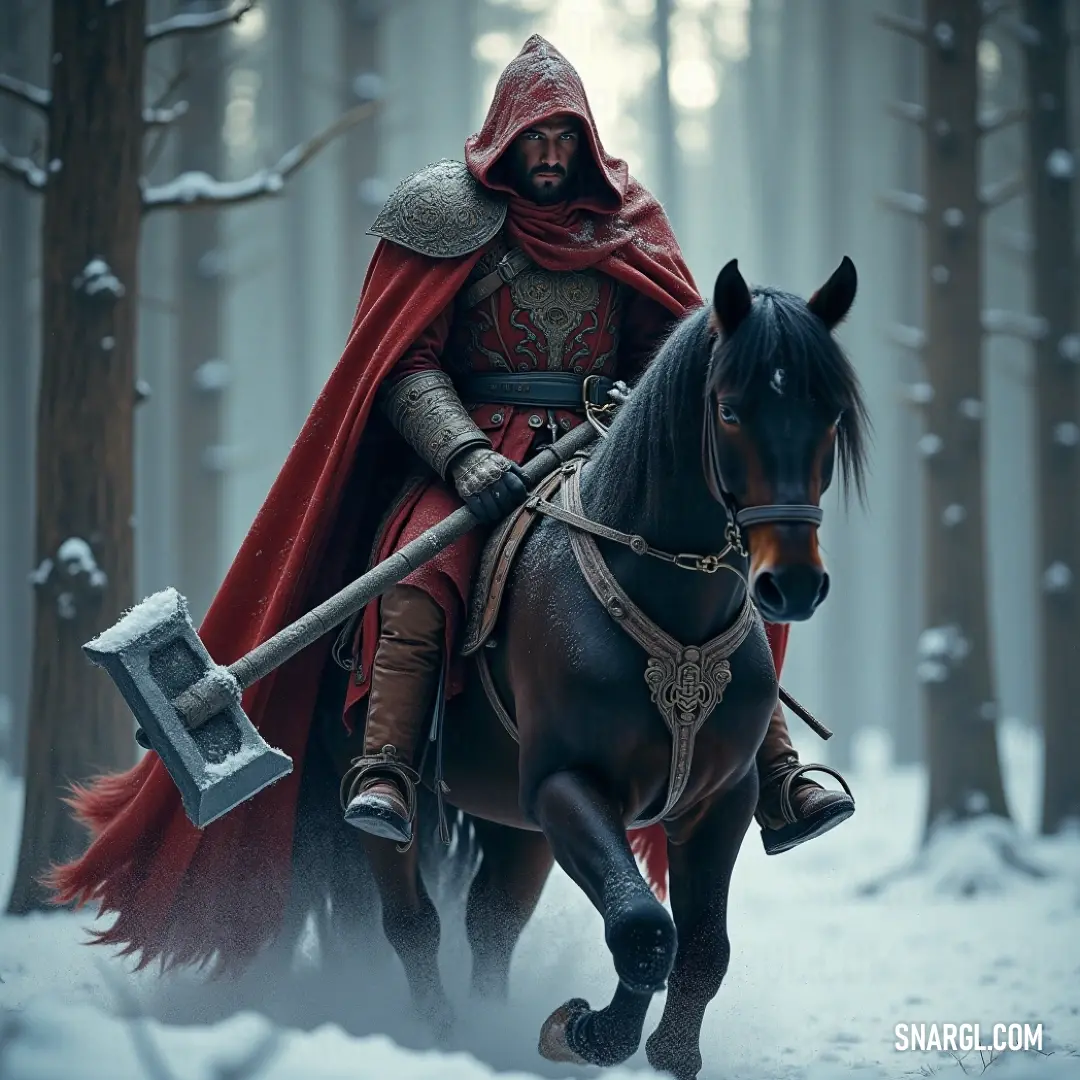 A heroic figure in a rich red cape rides a majestic horse through a serene snowy landscape, clutching a sword in one hand and wearing a gleaming helmet, representing strength and courage in a wintry scene.