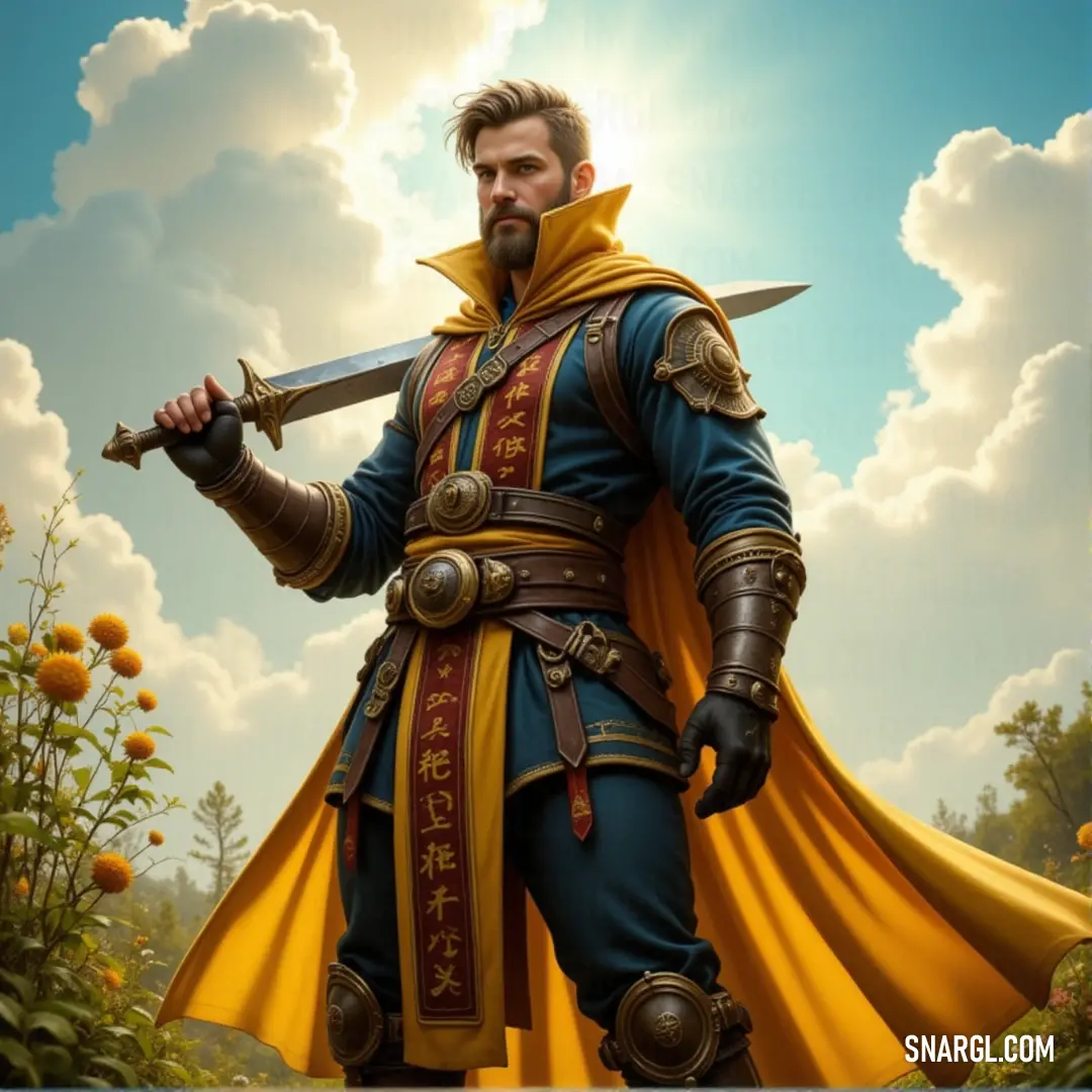 A man clad in an eye-catching yellow and blue outfit stands confidently holding a sword, embodying a sense of adventure and valor as he prepares for the challenges ahead while surrounded by a vibrant backdrop.