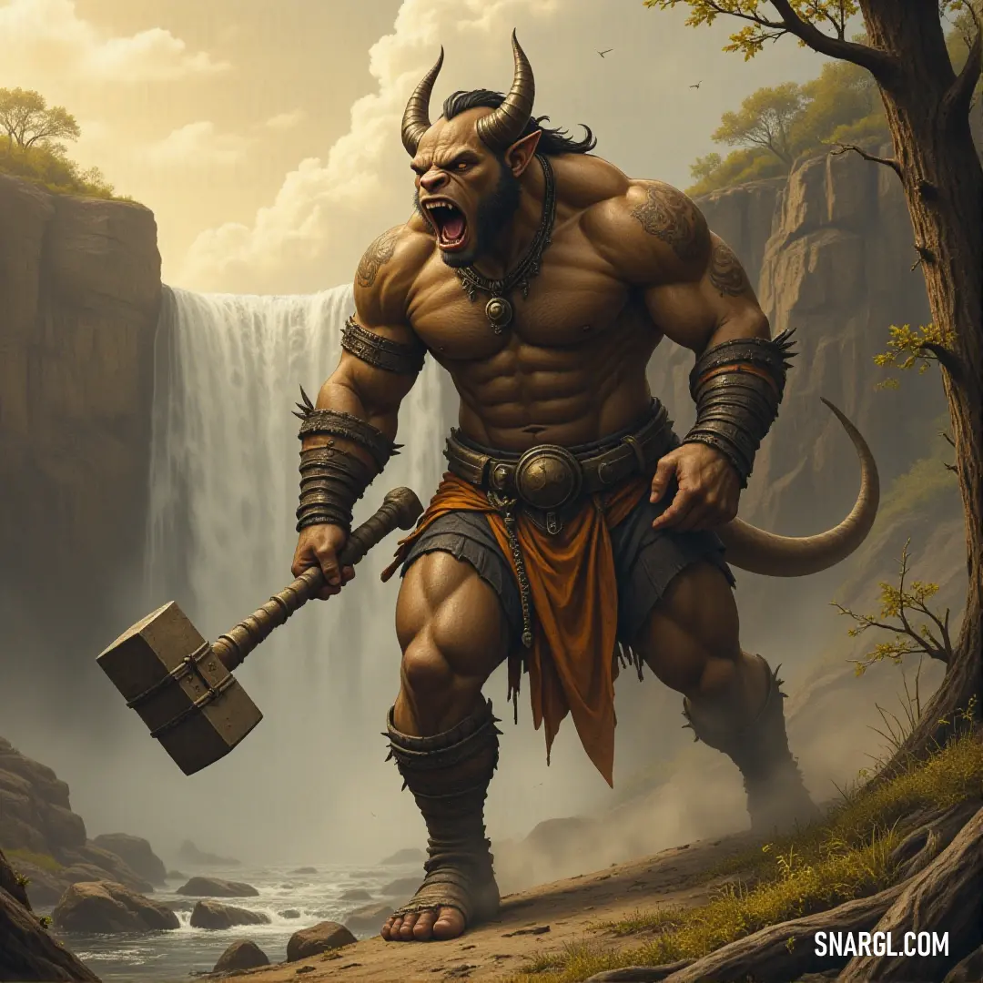 A captivating painting portrays a man with a horned face, confidently holding a hammer against a stunning waterfall backdrop. His fierce expression adds depth to the serene environment, blending emotion with nature's beauty.