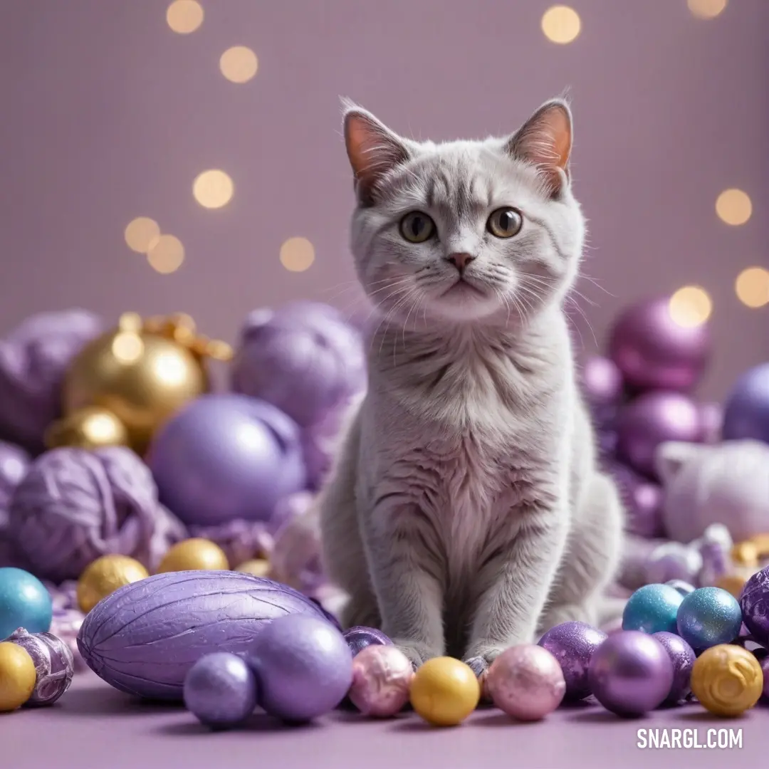 A playful cat relaxing atop a beautifully set table adorned with colorful balls and festive ornaments, all against a stunning purple backdrop. The scene captures a whimsical moment filled with charm.