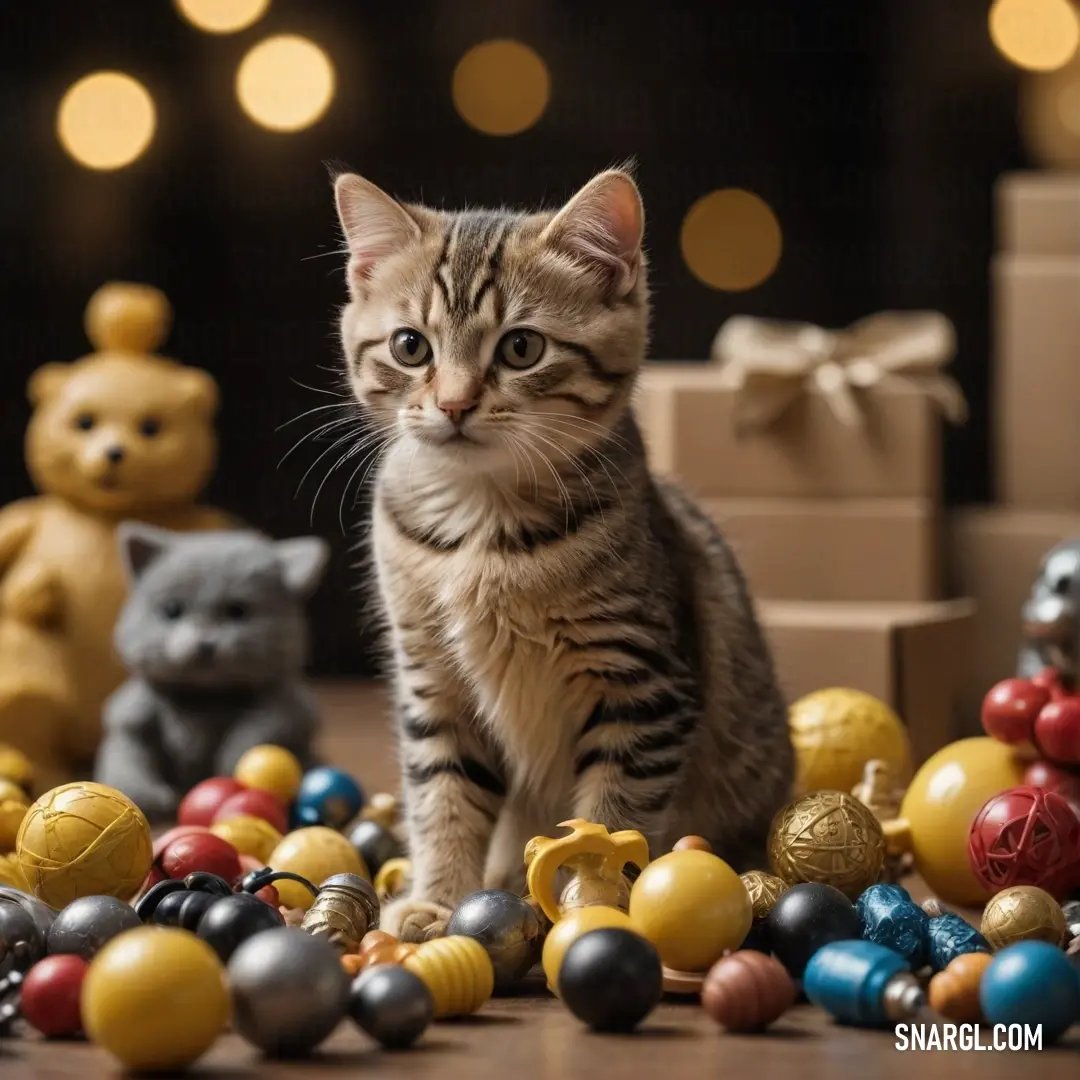 A playful kitten amidst an array of colorful toys and teddy bears, with a charming aura that brings joy and warmth to the scene, evoking a sense of childhood wonder and delight.