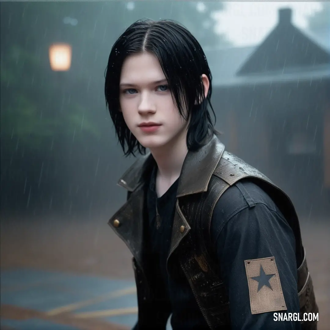 A stylish man with black hair stands defiantly in the rain, clad in a chic leather jacket. The star tattoo on his arm adds a personal touch, while the PANTONE 400 colors reflect resilience amidst nature's elements.