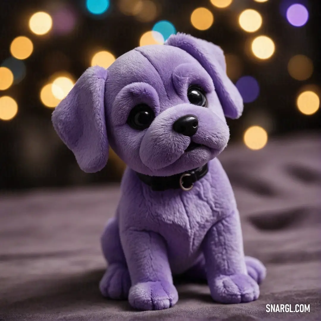 A cuddly purple stuffed dog rests on a soft bed, with a beautifully decorated Christmas tree shining in the background. The warm scene evokes feelings of comfort and holiday cheer.