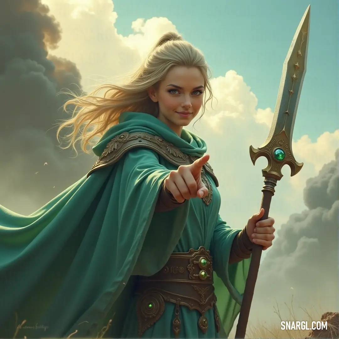 A striking woman in a flowing green dress stands poised, holding a sword and pointing towards the heavens, with clouds swirling dramatically in the sky, conveying a sense of power and inspiration in a fantastical scene.