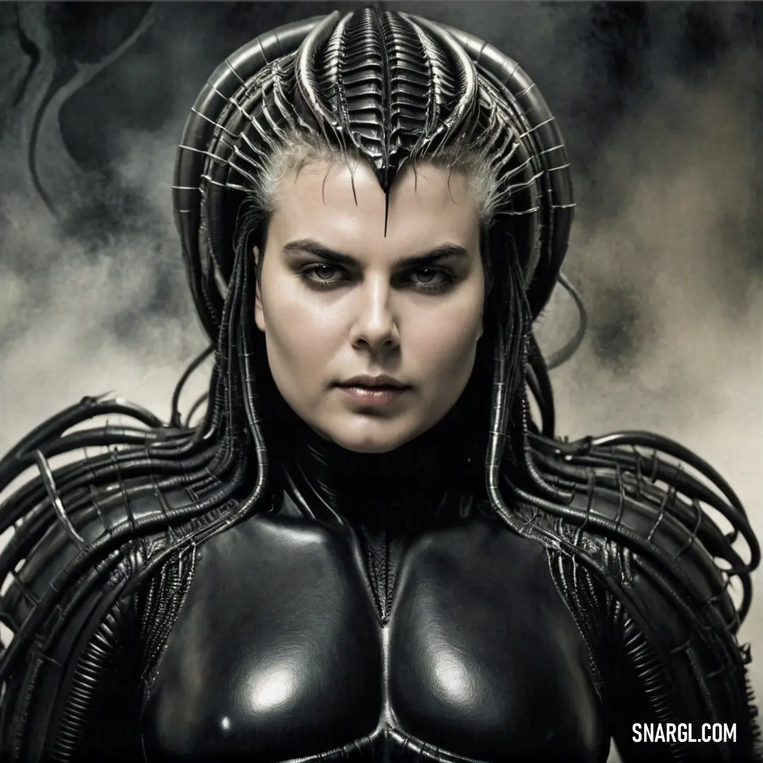 A captivating portrayal of a woman with an extraordinary hairstyle and a dramatic black outfit, featuring an elaborate headpiece, representing a stylish fusion of surrealism and mystique, set against an intriguing backdrop.