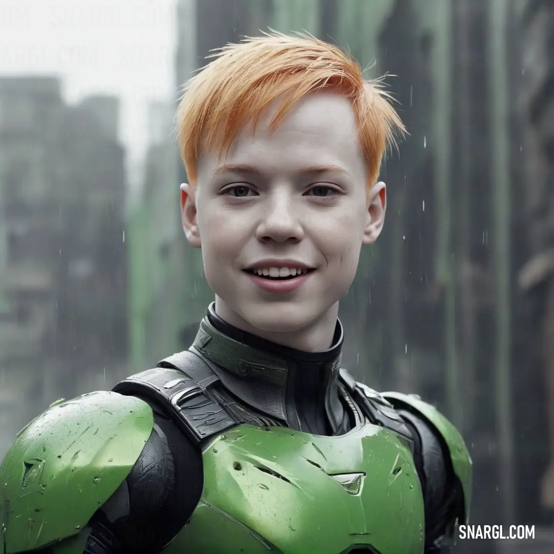 An evocative image of a young boy with vibrant red hair and a charming green suit, caught in a rainstorm with a city skyline in the backdrop, embodying innocence and adventure amidst the elements.