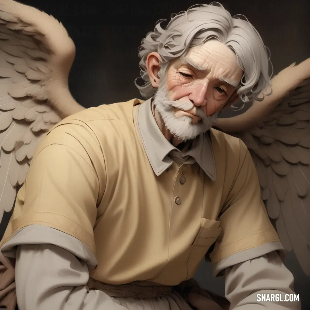 Statue of an old man with wings on his head and a beard and a shirt on his shirt