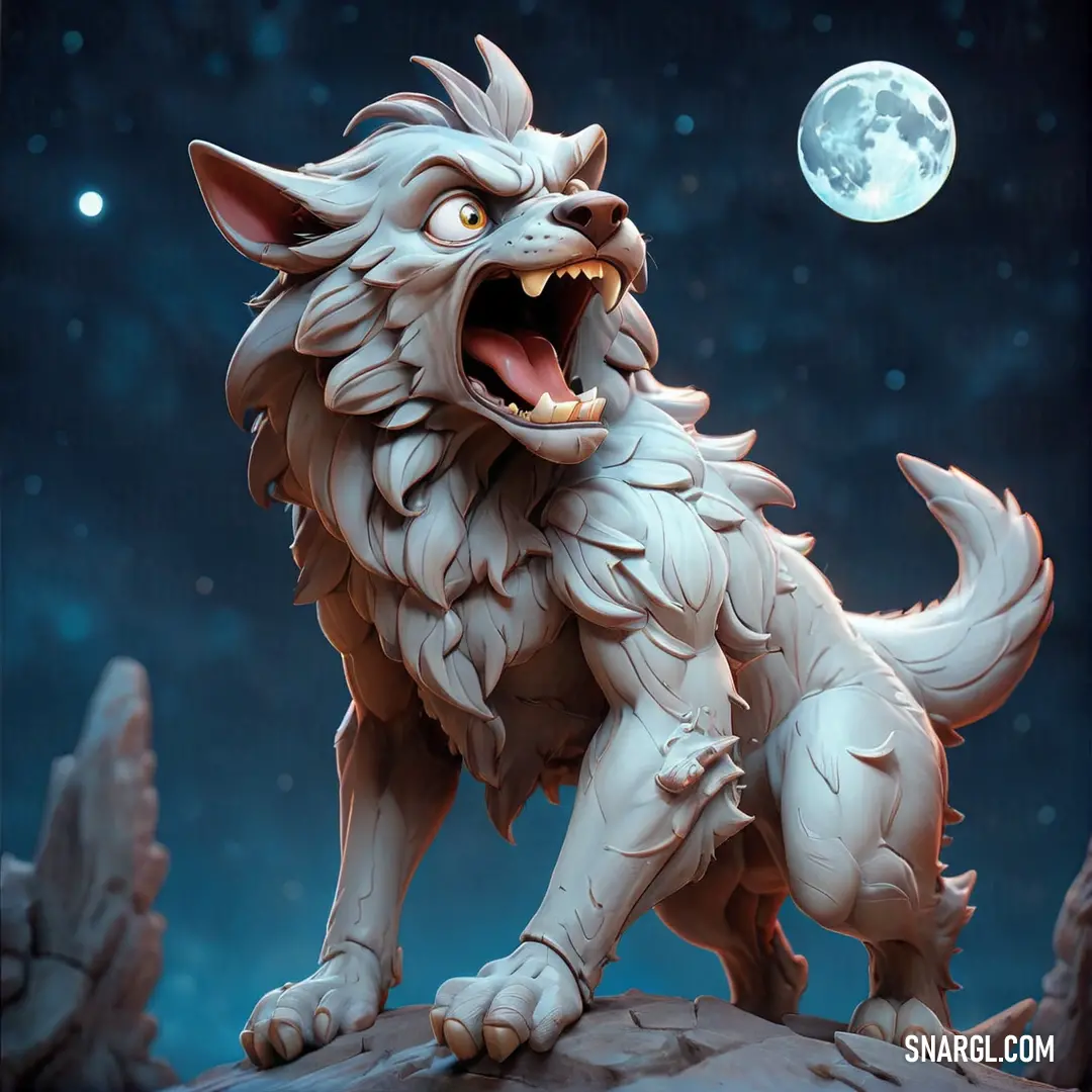 White wolf with its mouth open and a full moon in the background with stars