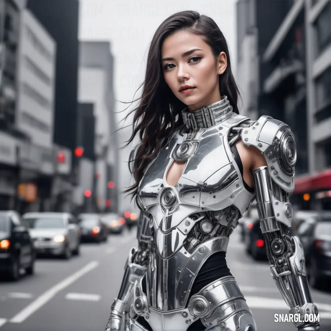 Woman in a futuristic suit is standing on the street with a gun in her hand and a car in the background