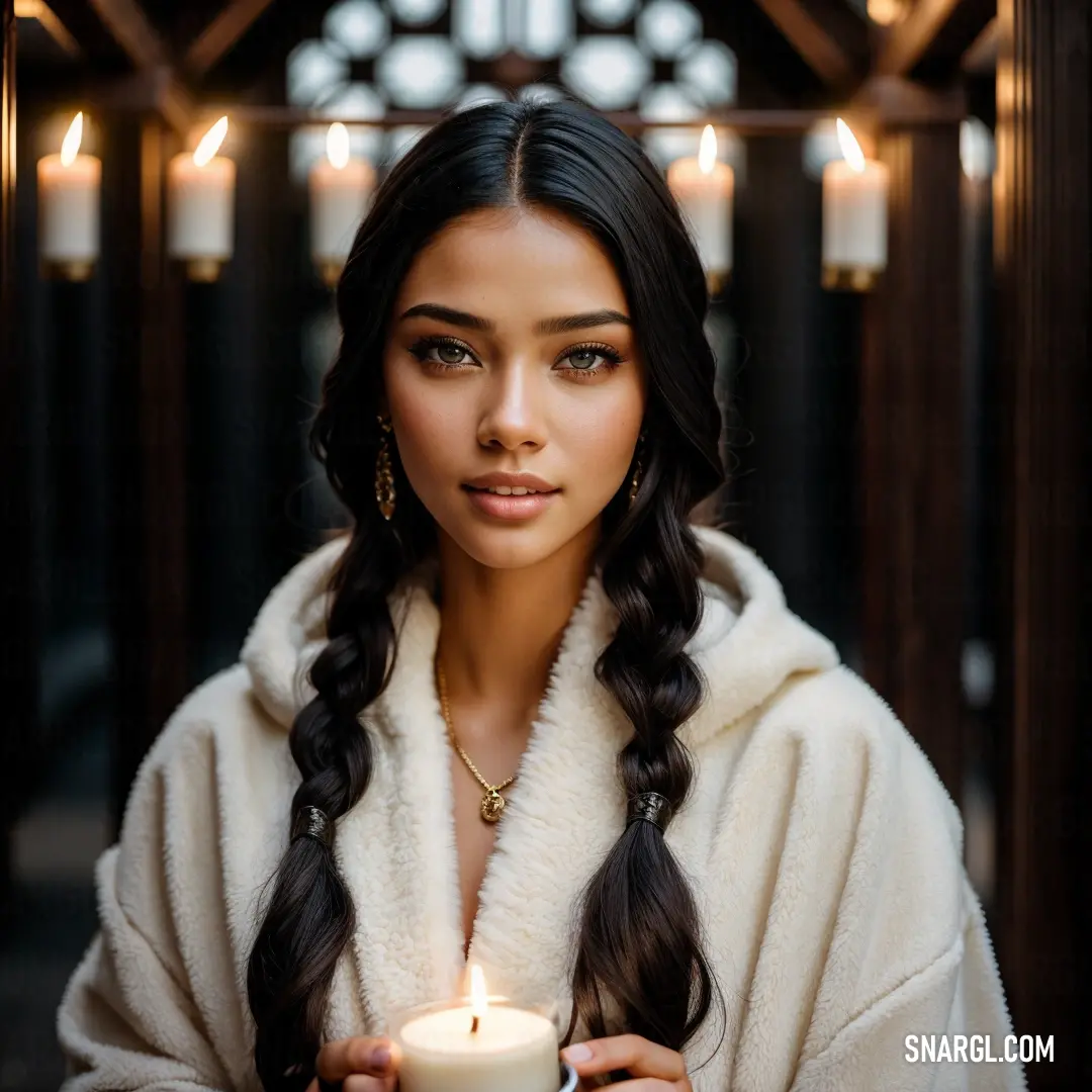 Woman in a white robe holding a candle in her hands and looking at the camera