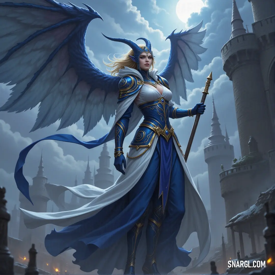 A fierce heroine stands poised before a grand castle, adorned with shimmering wings and holding a mighty sword. The imposing dragon on her back adds a touch of mythical grandeur, while the enchanting scenery evokes a sense of epic adventure.