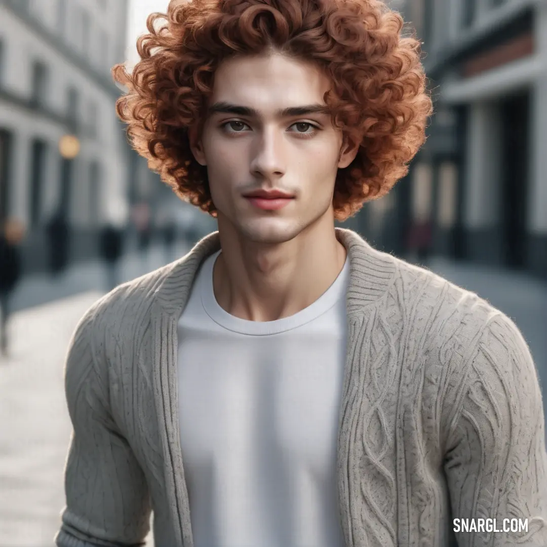 Man with red hair is standing on a street corner with a white shirt and a gray cardigan. Color PANTONE 401.