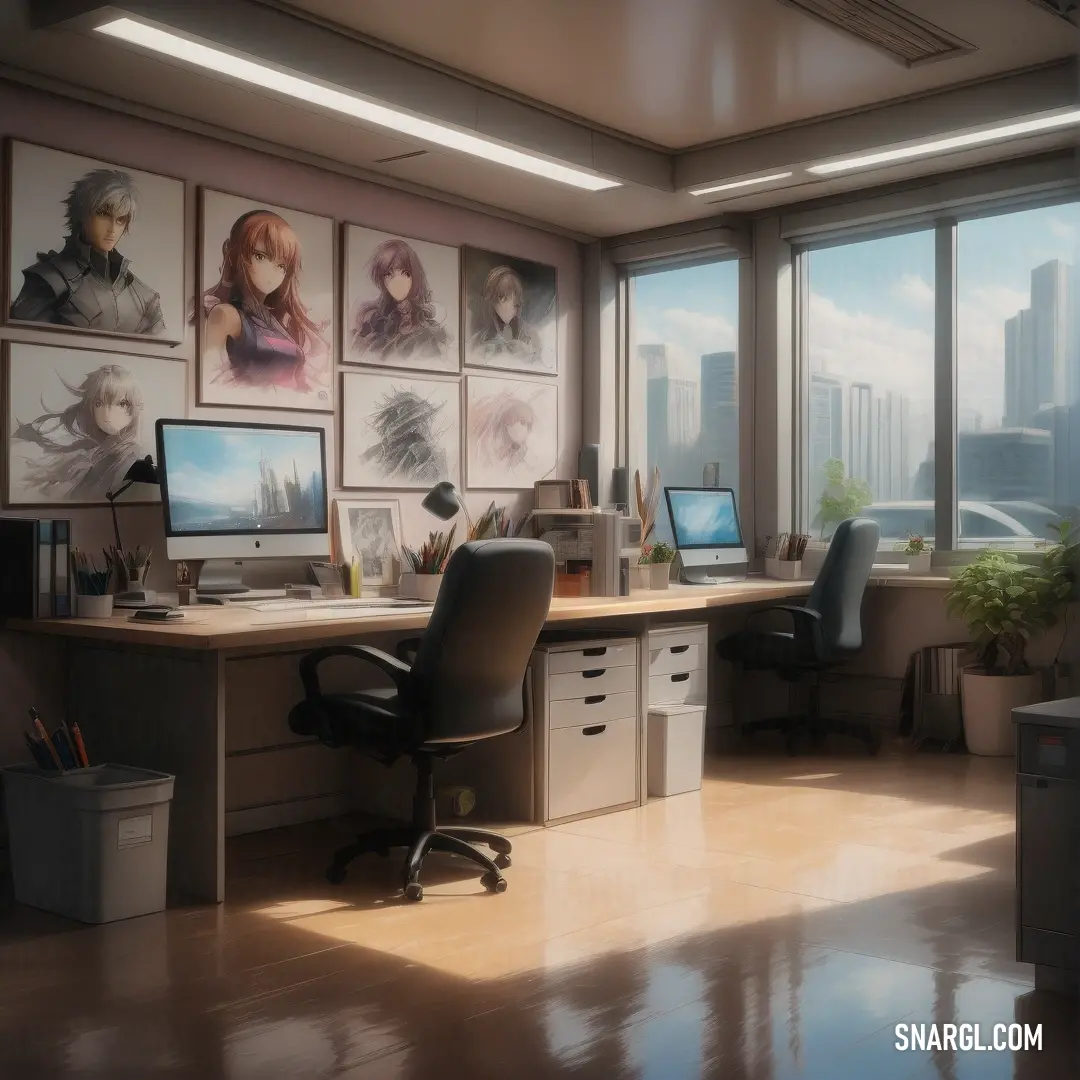 Desk with a computer and a monitor on it in a room with large windows and a city view. Example of #ADA89F color.