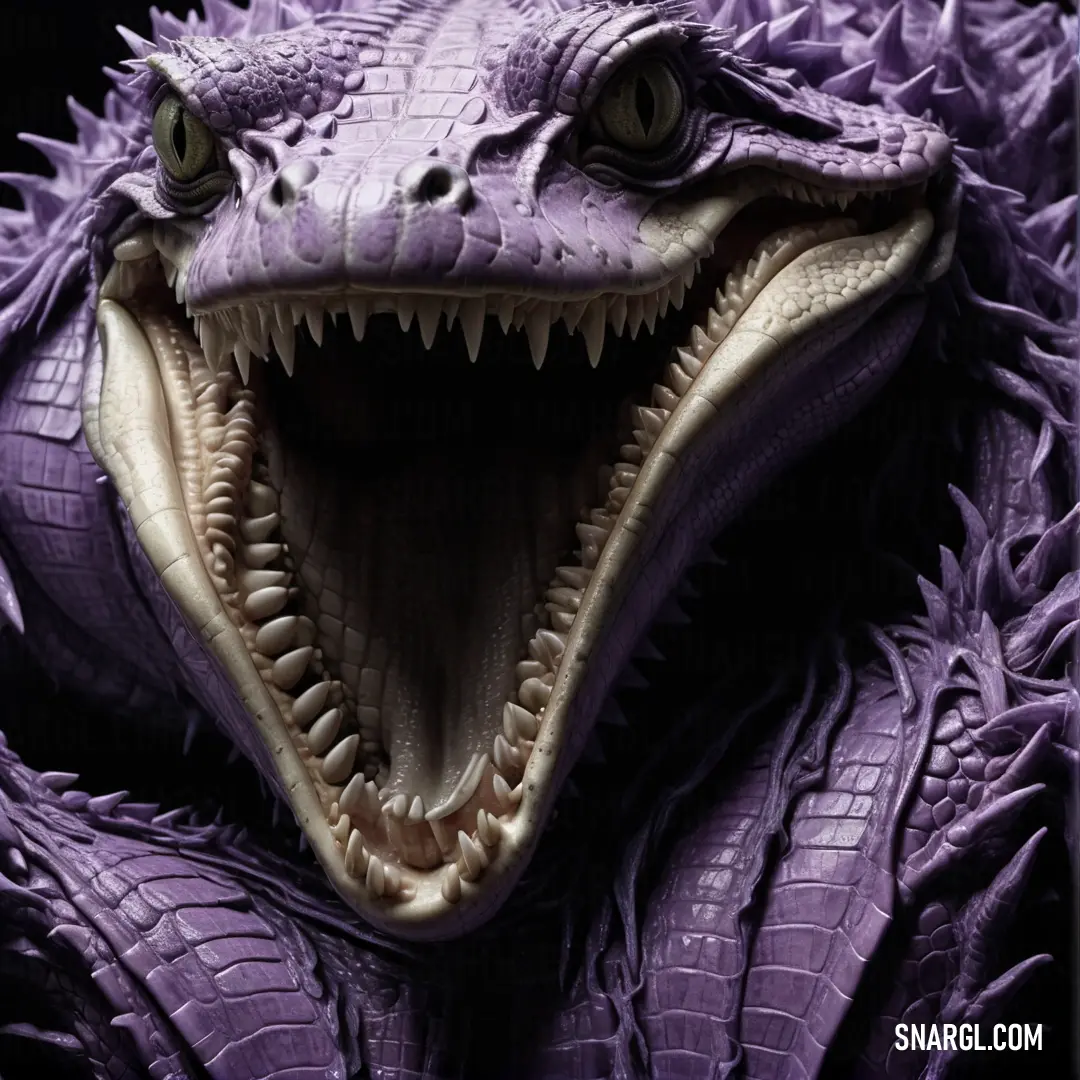 PANTONE 401 color example: Purple dinosaur with its mouth open and teeth wide open