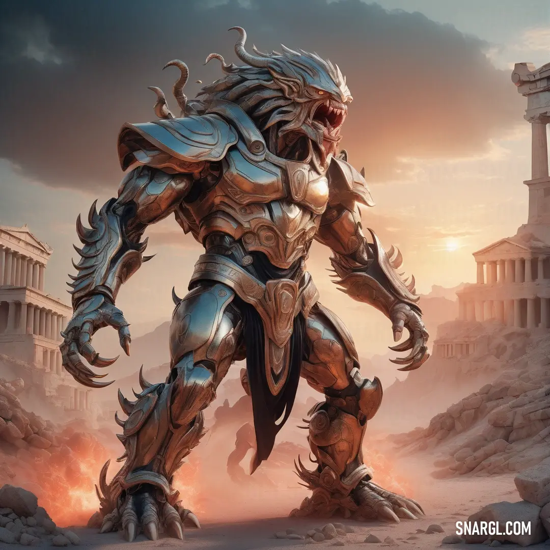 Giant robot like creature standing in a desert area with a temple in the background