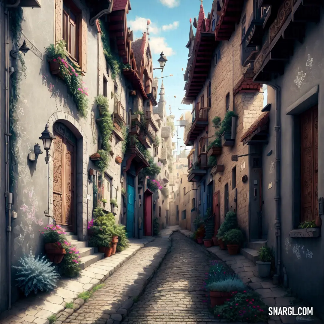Painting of a street with a cobblestone road and flower pots on the side of buildings and doors. Color #9C958C.