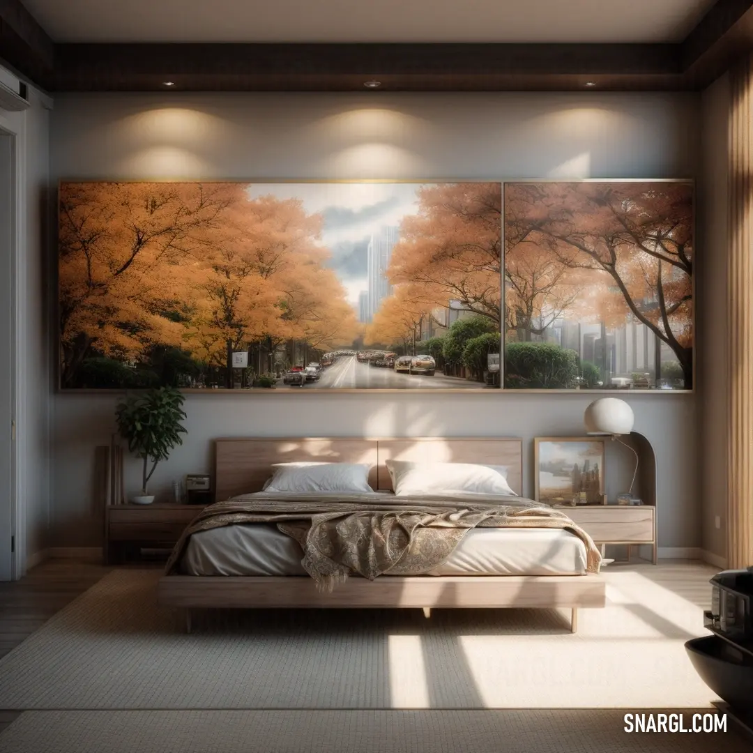 Bedroom with a large painting on the wall above the bed and a large bed in the middle of the room. Example of PANTONE 403 color.