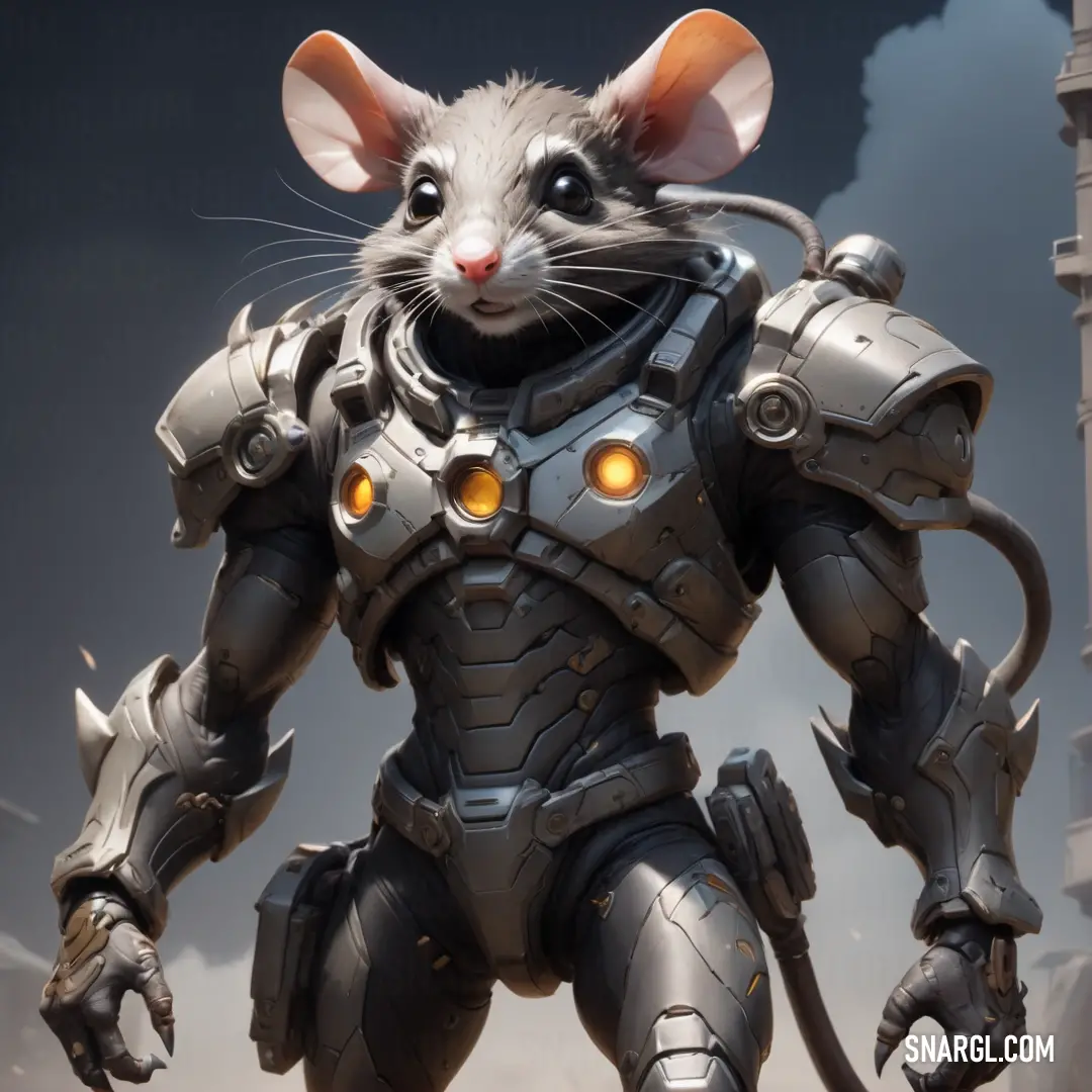 Rat in a futuristic suit with a large head and large ears. Color PANTONE 403.