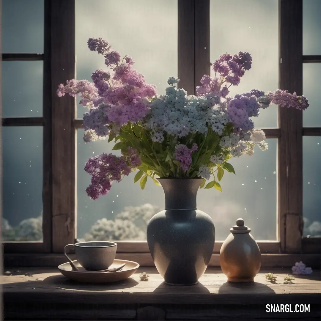 PANTONE 403 color example: Vase of flowers on a table next to a cup and saucer on a plate near a window