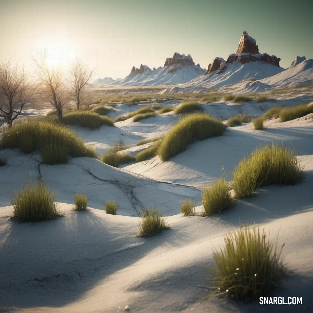 Landscape of grass and sand with mountains in the background. Color #746D65.