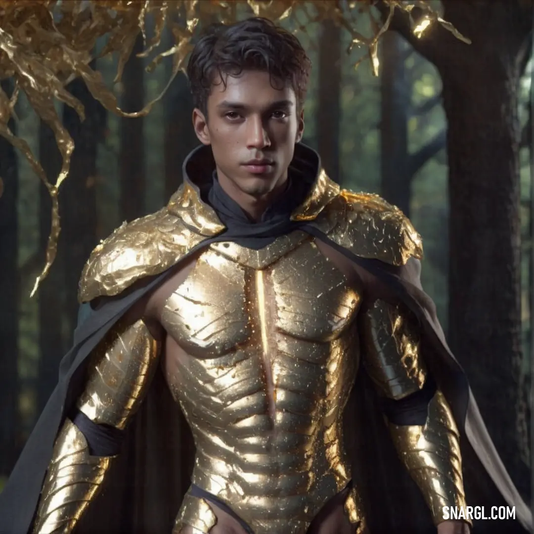 Man dressed in a gold costume standing in a forest with a black cape on his head and a black cape on his shoulders