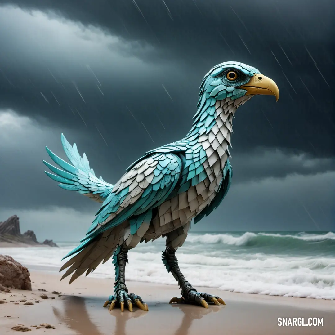 Bird made of paper on a beach with a storm in the background. Example of CMYK 5,8,10,16 color.