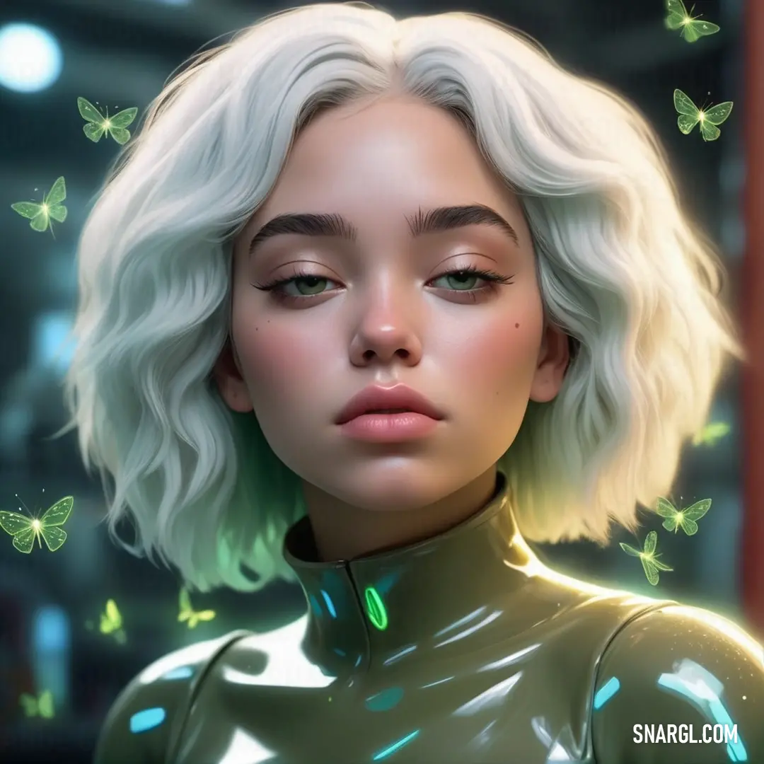 Digital painting of a woman with white hair and green butterflies around her neck and shoulders. Color RGB 203,196,189.