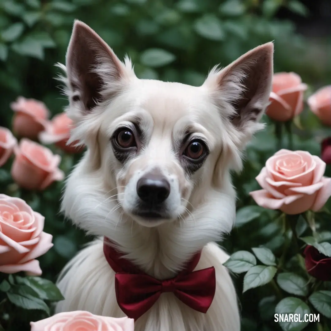 Small dog with a bow tie standing in a field of roses with roses in the background. Color CMYK 5,8,10,16.