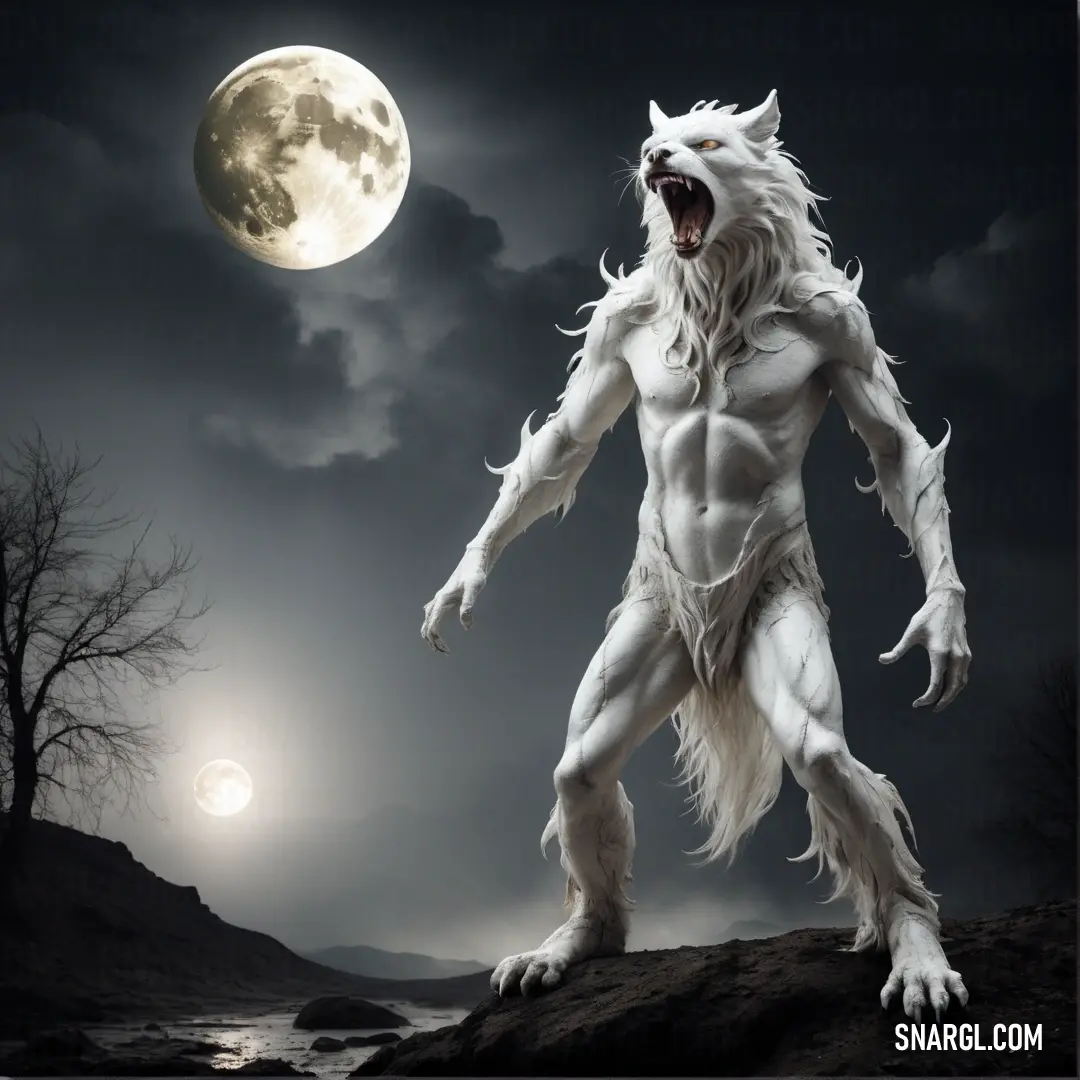 White wolf standing on a hill with a full moon in the background. Color PANTONE 406.