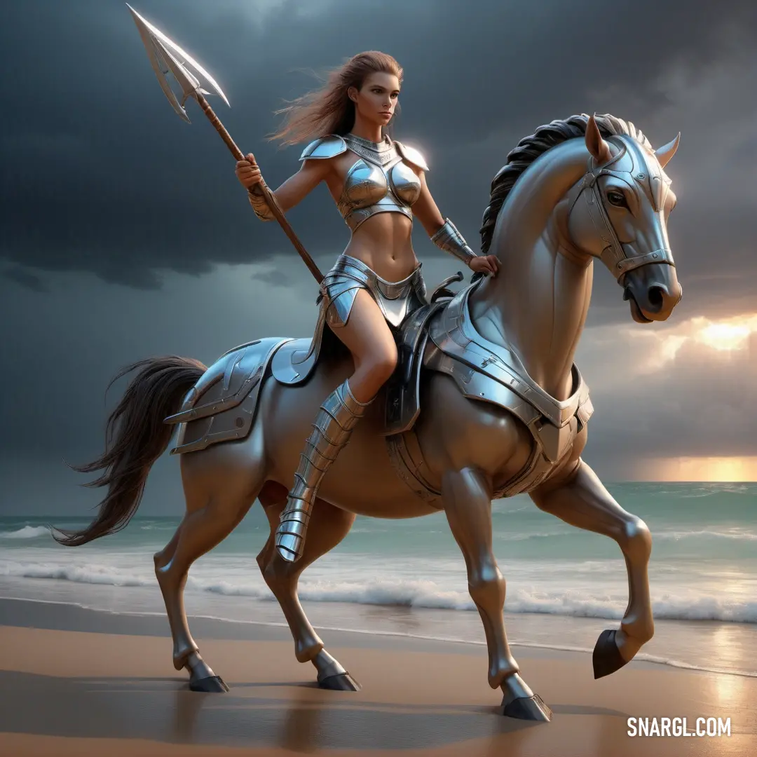 PANTONE 409 color example: Woman in a bikini riding a horse on the beach with a spear in her hand and a sword in her hand