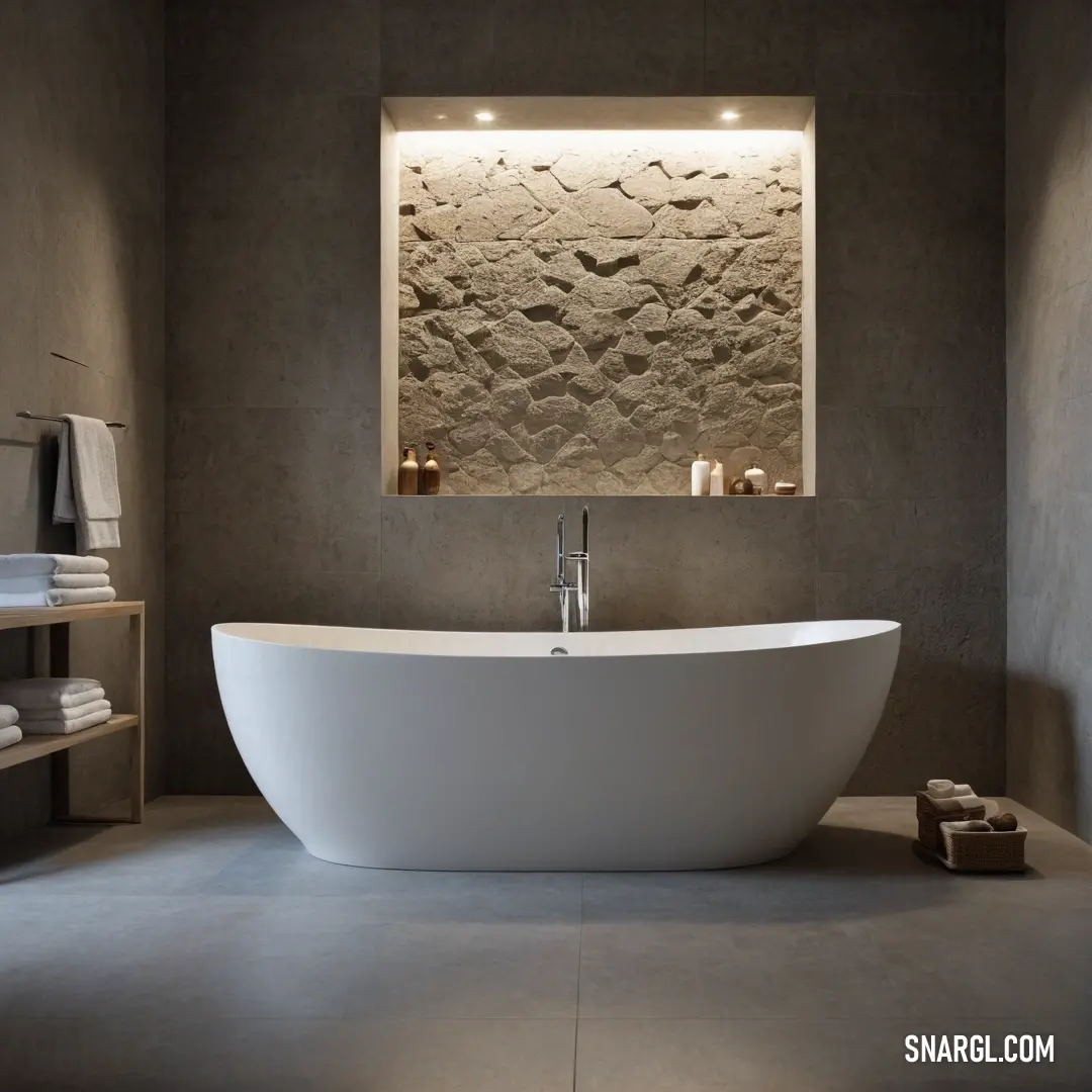 A contemporary bathroom design centering around a spacious white bathtub and a stylish sink. The room's earthy stone wall introduces a natural contrast, while the PANTONE 410 color harmonizes the space with soft, neutral tones.