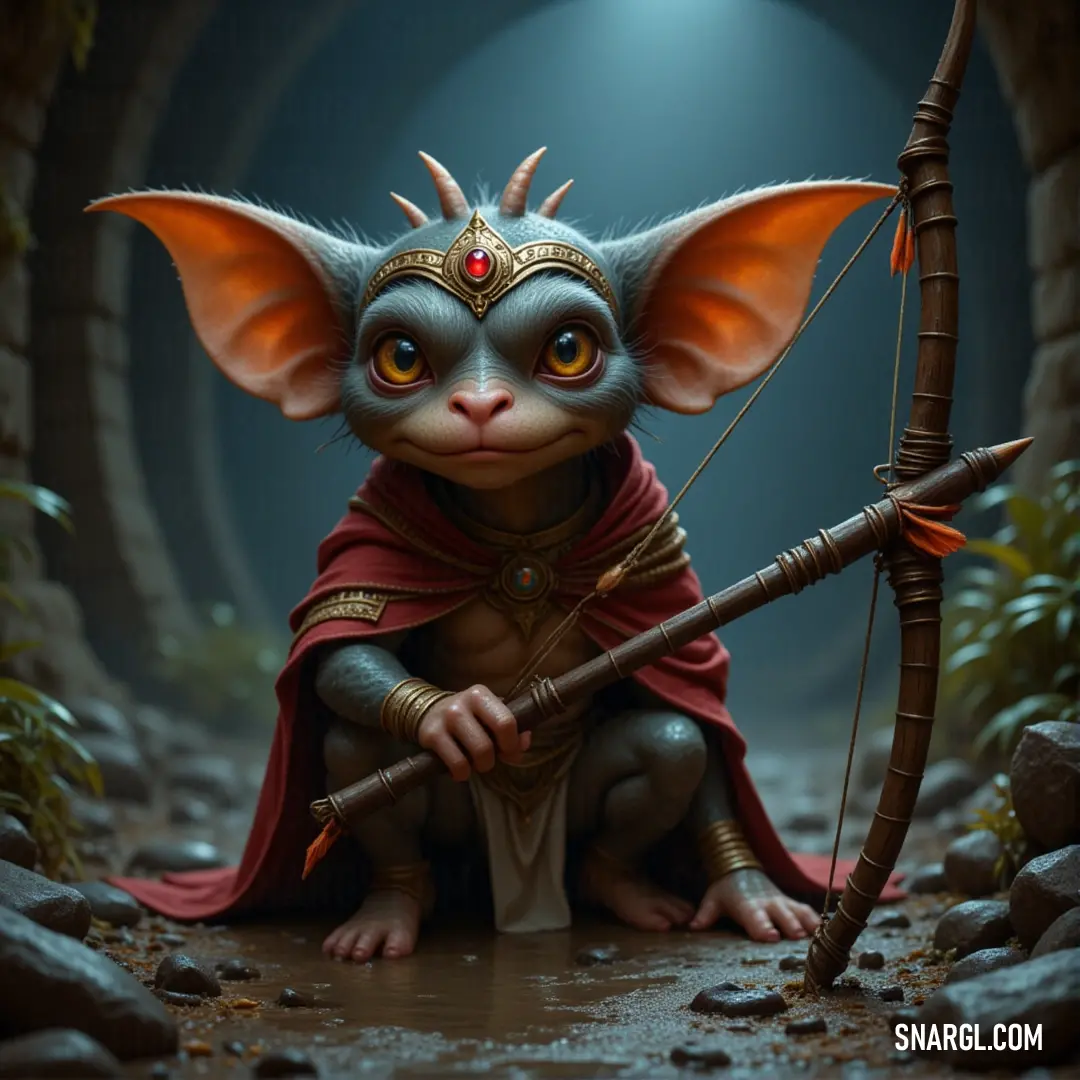 A brave cartoon character with a bow and arrow stands poised in a mysterious cave filled with rugged rocks and vibrant plants, embodying the spirit of adventure and exploration beneath the earth's surface.