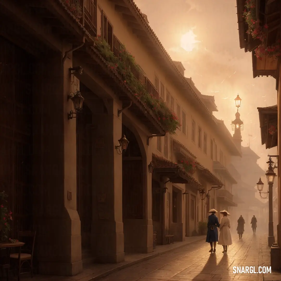 A couple strolls down a lively city street lined with tall buildings, adorned with vibrant flowers. In the distance, a charming clock tower adds to the urban scene, adding a timeless, picturesque quality to the view.